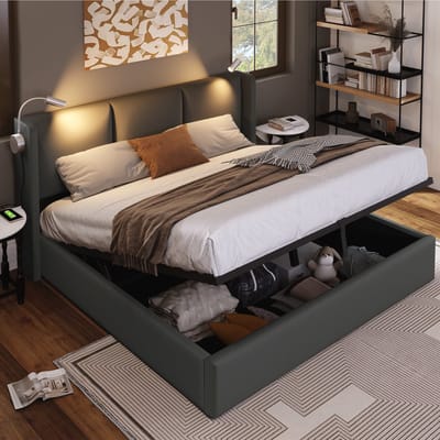 Gestoffeerd tweepersoonsbed met opbergbox en leeslamp - Slaapkamer en tienerkamer 140x200 cm - Grijs - Hydraulisch opbergsysteem - Inclusief lattenbodem - Leeslamp met USB - 300 kg