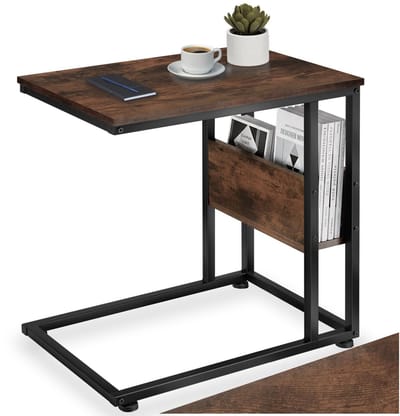 tectake® C-Vormige Bijzettafel van Hout en Metaal – Industrieel Design, Salontafel met Zijvak, 55x36,5x60 cm, Zwart Metalen Frame – industrial dark