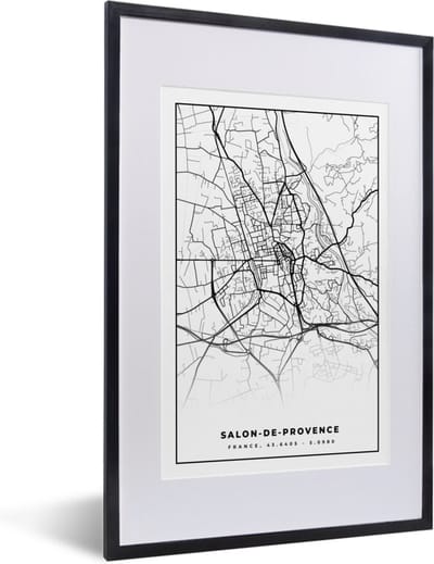 Fotolijst incl. Poster Zwart Wit- Stadskaart - Plattegrond - Kaart - Salon-de-Provence - Frankrijk - Zwart wit - 40x60 cm - Posterlijst