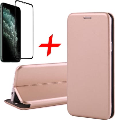 Hoesje geschikt voor iPhone 11 Pro - Screen Protector FullGuard - Book Case Kunstleer ThinShield Roségoud & Screenprotector
