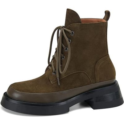 Nouvelles Bottes en Peau de Mouton pour Femmes Hiver Rétro à Lacets Bout Rond Travail & Sécurité Talon Épais Bottines Fait Main Chaussures pour Femmes Plateforme 35 vert d’armée