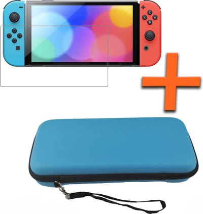 Hoesje Geschikt voor Nintendo Switch OLED Hoes Bescherm Case Hardcover Polsbandje Met Screenprotector - Hoes Geschikt voor Nintendo Switch OLED Case - Blauw