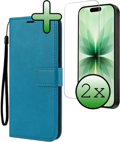 Hoesje Met 2x Screenprotector - Geschikt voor Apple iPhone 17 - Luxe Pasjeshouder - Bookcase Portemonee - Flip Case - Kunstleer Book Case - Flipcase Hoes - Book Cover - Walletcase - Portemonneehoes - Turquoise