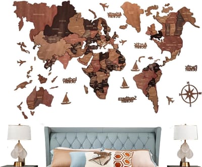 3D Houten Wereldkaart - Houten Muurdecoratie - Wanddecoratie - Met Staten Hoofdsteden - 100x60 cm - Veelkleurig