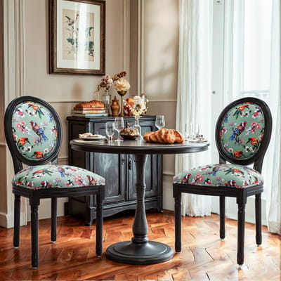 HomeMiYN Eetkamerstoelen Set van 2 – Zwart Houten Frame Stoelen met Groene Vogel Bloemen Bekleding – Vintage Design Dining Chair – Gestoffeerde Keukenstoelen