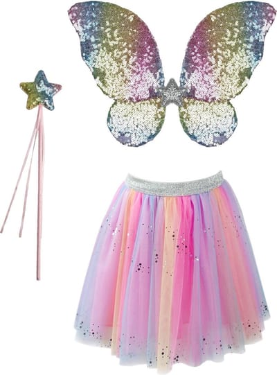 Great Pretenders Verkleedkledij Regenboog sequins rok met vleugels en toverstok - Multi - 4/6 jaar - Maat 4-6 jaar