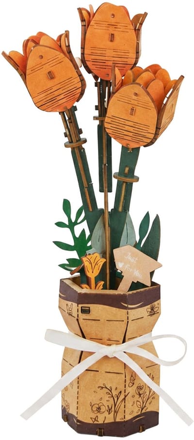 Inspirebox Modelbouwpakket Oranje Tulp - Decoratieve Bloem - 3D Houten Puzzel - 24 cm - Bouwpakket voor Volwassenen en Kinderen - Creatief Knutselen - DIY Modelbouwpakketten