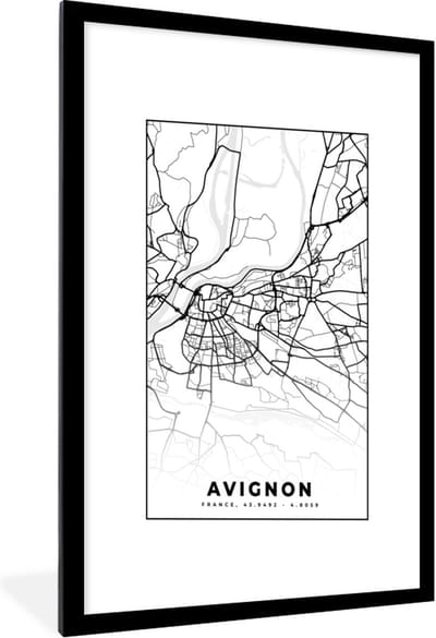 Fotolijst incl. Poster Zwart Wit- Stadskaart - Frankrijk - Kaart - Plattegrond - Avignon - Zwart wit - 60x90 cm - Posterlijst