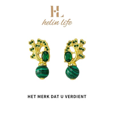 Helin life Dames oorknopjes -Oorbellen dames-Oorbellen Goudkleurig -Oorbellen meisje -925 Tremella naald hypoallergeen- Cadeau - Malachiet&zirkonia-Cadeau voor moeder en minnaar