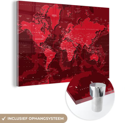 ® Glasschilderij 120x80 cm - Schilderij acrylglas - Wereldkaart - Stoer - Rood - Foto op glas - Muurdecoratie woonkamer - Wanddecoratie slaapkamer - Schilderijen