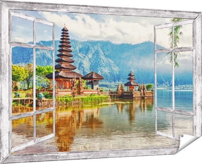 Gards Tuinposter Doorkijk Pura Tempel in Bali op het meer Beratan - 180x120 cm - Tuindoek - Tuindecoratie - Wanddecoratie buiten - Tuinschilderij