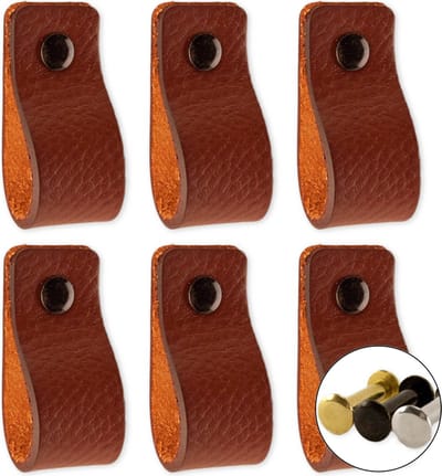 Leren handgrepen - Cognac - 6 stuks - 12,5 x 2,5 cm - incl. 3 kleuren schroeven - Handgrepen leer - Leren meubelgreep - Leren handvaten kast - Leren lus - Handgreep kast leer - Leren greepjes - Handvat leer - Leren deurgreep - Leren handgreep cognac