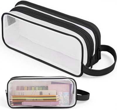 Grote doorzichtige etui voor meisjes met 2 compartimenten en handvat, ideaal voor school en studie, zwart en praktisch voor studenten