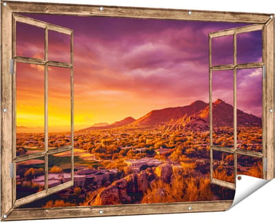 Gards Tuinposter Doorkijk Woestijn Landschap met Zonsondergang - 150x100 cm - Tuindoek - Tuindecoratie - Wanddecoratie buiten - Tuinschilderij