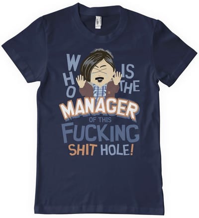 South Park T-shirt met de tekst: ‘Wie is de manager van deze rotplek?’