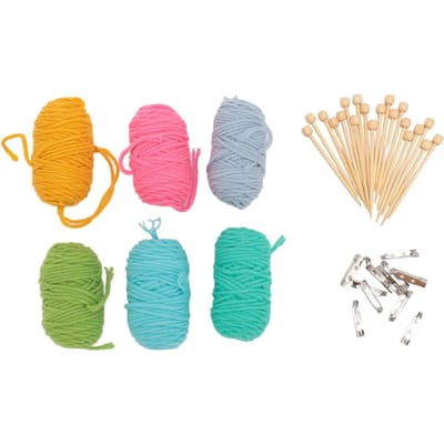 Mini Breigereedschap Set Enkelpuntige Breinaalden en 6 Kleuren Breigaren en Steekmarkeerders voor Natural color multi