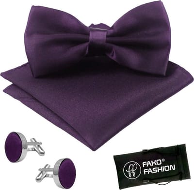 Fako Fashion® - Vlinderstrik, Pochette & Manchetknopen - Vlinderdas - Strikje - Pochet - Donkerpaars