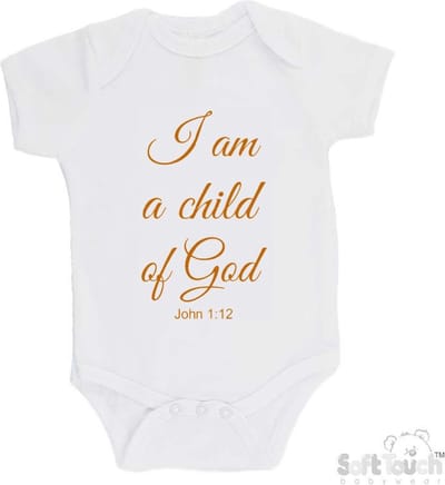 100% katoenen Romper "I am a child of God John 1:12" Unisex Katoen Wit/tan Maat 56/62