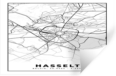Muurstickers - Sticker Folie - Stadskaart – Plattegrond – België – Zwart Wit – Hasselt – Kaart - 30x20 cm - Plakfolie - Muurstickers Kinderkamer - Zelfklevend Behang - Zelfklevend behangpapier - Stickerfolie