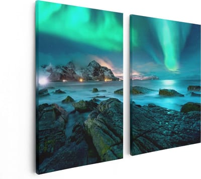 Artaza Canvas Schilderij Tweeluik Noorderlicht boven het Water bij Rotsen - 80x60 - Foto Op Canvas - Canvas Print