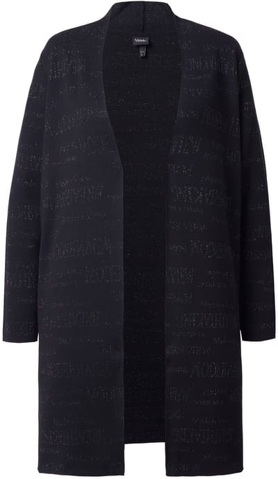 Ulla Popken - Dames - Gebreid vest glittertekst opstaande kraag lange mouwen - Zwart - Maat 42+