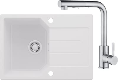 Anycee MAX Granieten Spoelbak 65x45CM - Spoelbakken Keuken Wit - Wasbak Keuken Met Keukenkraan Met Uittrekbare Uitloop - Spoelbak Met Planchet en Afdruiprek - Spoelbakken Incl. Sifon en Afvoerzeefje