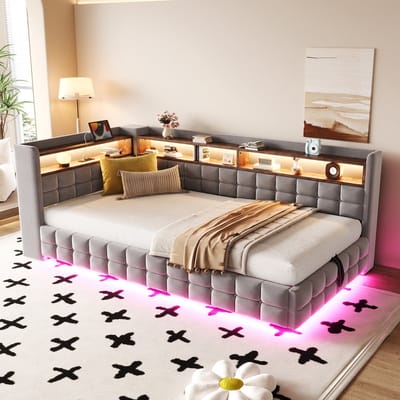 MODFU - Slaapbank 90 X 200 Cm - Met Opbergruimte En LED-Verlichting - Met Hoofdbord En Planken - Gestoffeerd - Lichtgrijs