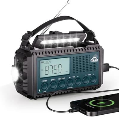 Draagbare Noodradio AM/FM/SW met Oplaadbare Batterij 12.000 mAh, Zaklamp, Leeslicht, SOS Dynamo Alarm, Type C Opladen, Waterdicht voor Kamperen en Wandelen