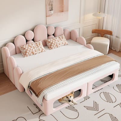 OKWISH Slaapbank 180x200 cm - 2-in-1 Gestoffeerd Bed Met Dierenmand - Uitschuifbaar - Fluweel - Roze - Zonder Matras
