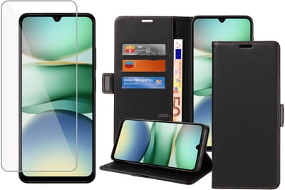 Book Case & Screenprotector geschikt voor Xiaomi Redmi A5 Hoesje Screenprotector - Gehard Glas Cover + Magnetische Sluiting - Portemonnee Rustic Zwart