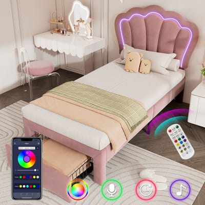 Kinderbed LED eenpersoonsbed 90 x 200 cm met lades, gestoffeerd bed, app-gestuurd LED-bedframe, lattenbodem en verstelbaar hoofdeinde, bedframe jeugdbed fluweel roze