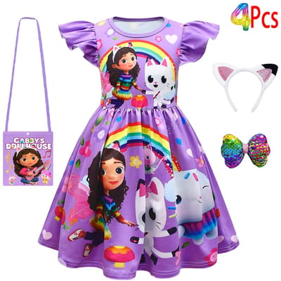 Robe Fille Manches Courtes La Maison Magique de Gabby Princesse Gabby Chat Jupe Tutu en Maille Fête d'Anniversaire Enfant Robe Déguisement Costume 120(5-6Years) purple