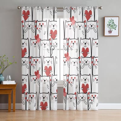 Love Cat Transparante Gordijnen voor Woonkamer Decoratie Raamgordijnen voor Keuken Tule Voile Organza Gordijnen W135 x H115cm x1 white