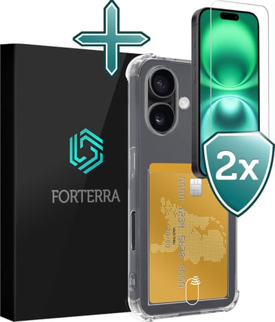 Hoesje Geschikt voor Apple iPhone 16 - Met 2x Screenprotector - Pashouder - Kaarthouder - Back Cover - Telefoon Hoes Shockproof - Siliconen Case - Shock Proof - Pasjes Houder - Transparant