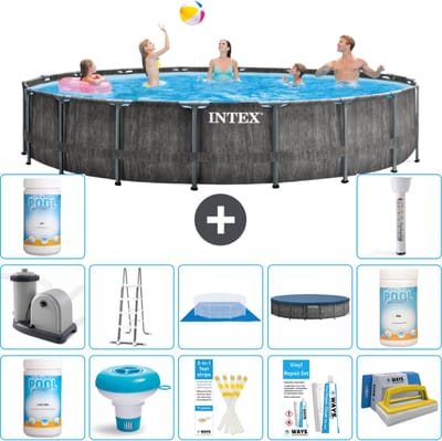 Intex Rond Prism Frame Greywood Zwembad - 549 x 122 cm - Inclusief Pomp - Ladder - Grondzeil - Afdekzeil Chloor - Chloordrijver - Testrips - Reparatiesetje - Scrubborstel - PH-waarde - PH-waarde - Thermometer