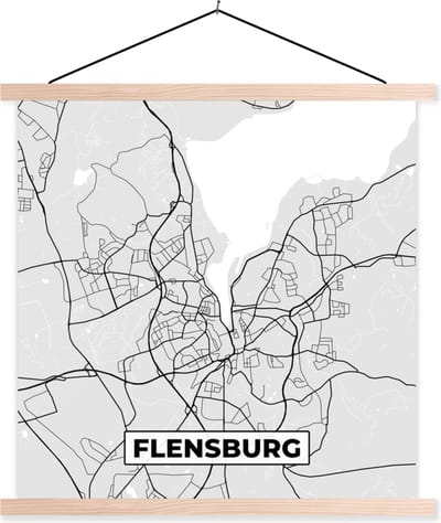 Posterhanger incl. Poster 40x40 cm - Schoolplaat - Plattegrond - Duitsland - Flensburg - Kaart - Stadskaart - Textielposter - Blanke latten - Stadskaart