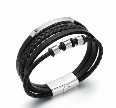 4-in-1 zwarte heren armband – gevlochten en glad imitatieleer – zilverkleurige metalen details – met magnetische sluiting