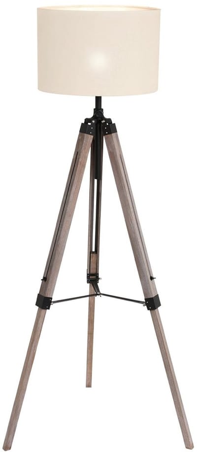 Vloerlamp Triek 7176ZW uitschuifbaar driepoot met grof linnen witte lampenkap van Mexlite, hoogte verstelbaar van 140-165 cm, metaal en textiel, landelijk design