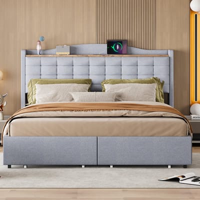 Tweepersoonsbed 160x200 cm - inclusief nachtkastje met USB-oplaadpoort en opbergrek - met lade - lichtgrijs - zonder matras