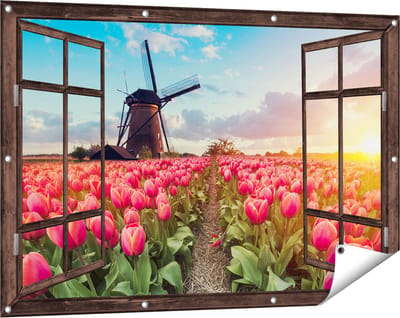 Gards Tuinposter Doorkijk Roze Tulpen Bloemenveld - met Windmolen - 120x80 cm - Tuindoek - Tuindecoratie - Wanddecoratie buiten - Tuinschilderij