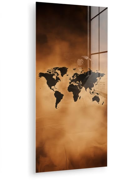 MuchoWow® Glasschilderij 40x80 cm - Schilderij acrylglas - Wereldkaart - Bruin - Kaart - Foto op glas - Muurdecoratie woonkamer - Wanddecoratie slaapkamer - Schilderijen