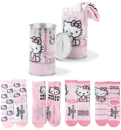 Hello Kitty Sokken in Spaarpot – 4 Paar – Kindersokken – Cadeauverpakking – Officieel Gelicenseerd