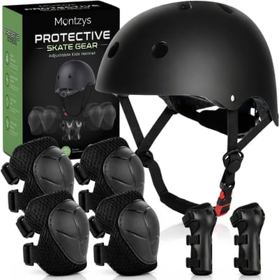 Montzys® Skate Beschermset met Helm - Skeeler Bescherming Zwart - Kniebeschermers & Polsbeschermers - Kinderen & Volwassenen