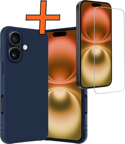 Hoes - Met Screenprotector - Geschikt voor Apple iPhone 16 - Sterk & Shockproof - Back Cover - Siliconen Case - Telefoon Hoes - Donkerblauw