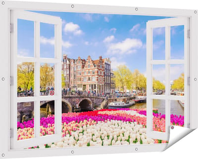 Gards Tuinposter Doorkijk Amsterdamse Huisjes aan de Grachten - 150x100 cm - Tuindoek - Tuindecoratie - Wanddecoratie buiten - Tuinschilderij