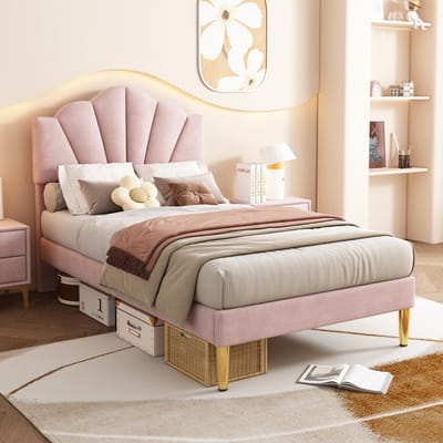 DESMIU Gestoffeerd Bed 90x200 cm Muschelvormig Hoofdbord Met Verstelbare Rugsteun En Opbergruimte Onder Het Bed Voor Slaapkamer Samt Roze Zonder Matras
