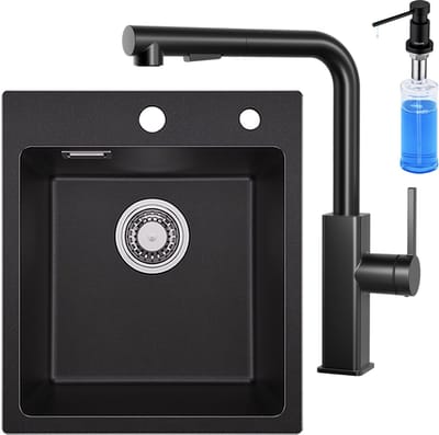 SOFETIY MAX Granieten Spoelbak voor keuken 40x45CM - Enkele Spoelbakken Met Keukenkraan met Uittrekbare Uitloop en Zeepdispenser - Onderbouw Spoelbak Zwart - Met waterafvoersysteem - Voor 45 cm Kast