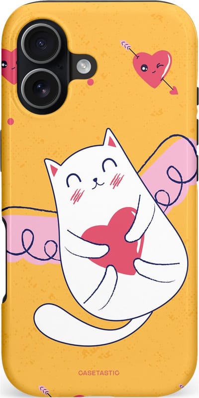 Casetastic hoesje geschikt voor Apple iPhone 17 - MagSafe - Dubbellaagse bescherming - Kattenflirt Geel Rode Hartjes Liefde - Fashion Case - Goud Wit