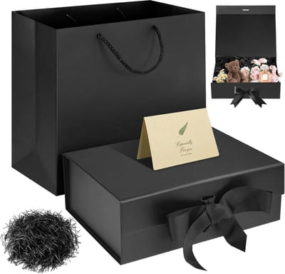 Luxe Zwarte Geschenken Doos met Magnetische Sluiting 31x22x10cm - Inclusief Lint, Versnipperd Papier en Wenskaart