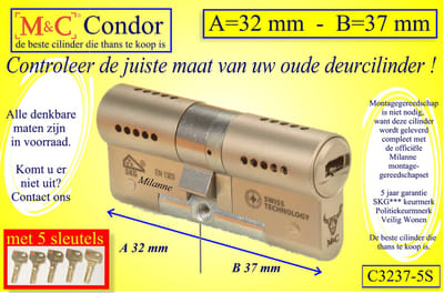 M&C Conder high-tech security deurcilinder 32x37 mm MET 5 SLEUTELS - SKG*** - Politiekeurmerk Veilig Wonen  -  inclusief MilaNNE gereedschap montageset